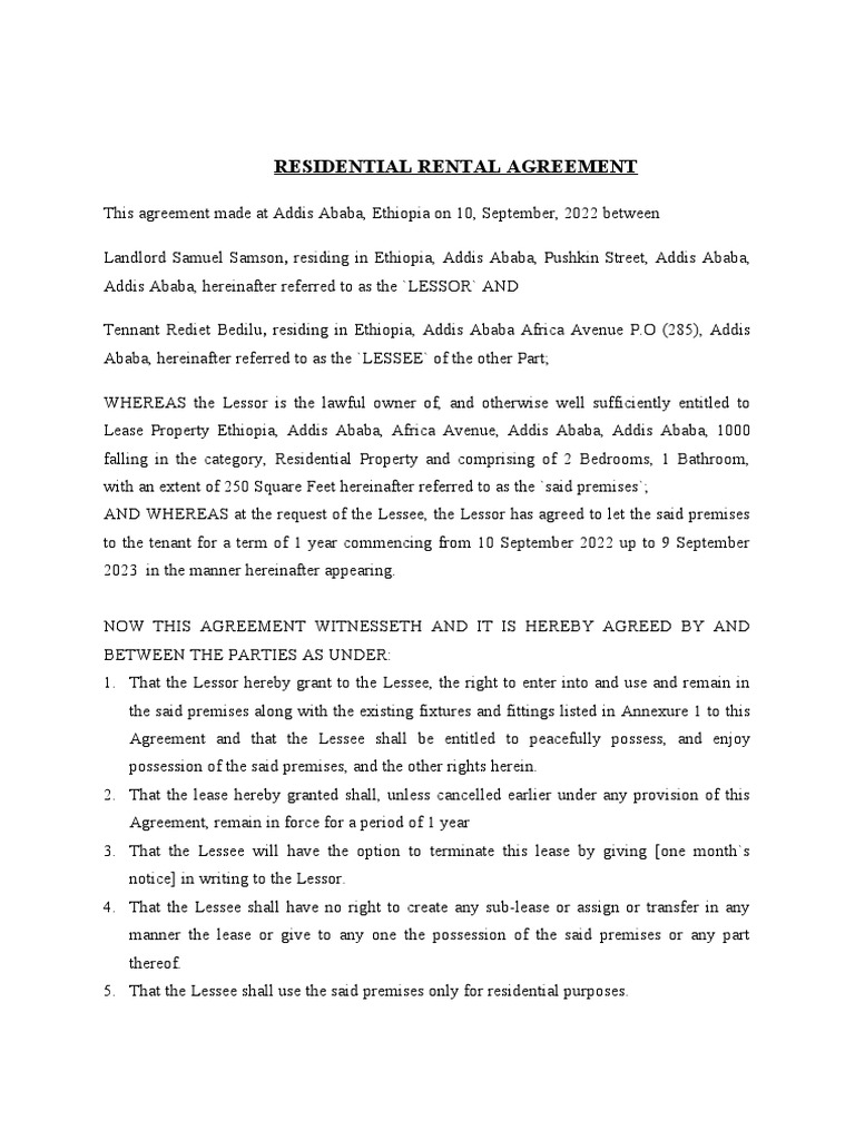 Residential Rental Agreement Ethiopia | PDF | Lease | Land Law
