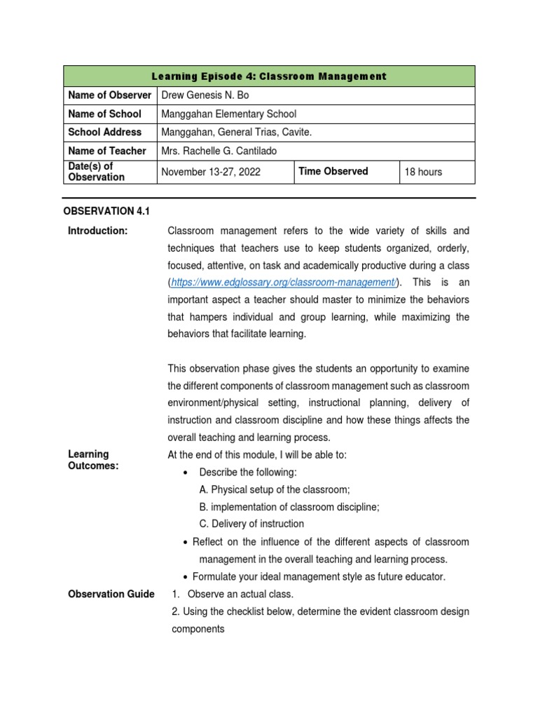 Learning Episode 4 Bo Pdf Classroom Management Teachers