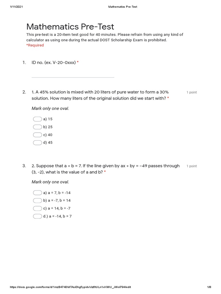 Mathematics Pre-Test Questions and Answers | PDF | Mathematics ...