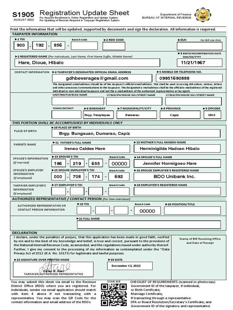 S1905 Registration Update Sheet | PDF | Taxes | Government
