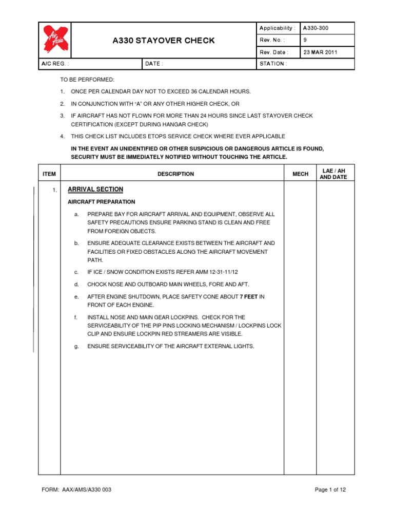 A330 Stayover Maintenance Checklist | PDF | Landing Gear | Aircraft