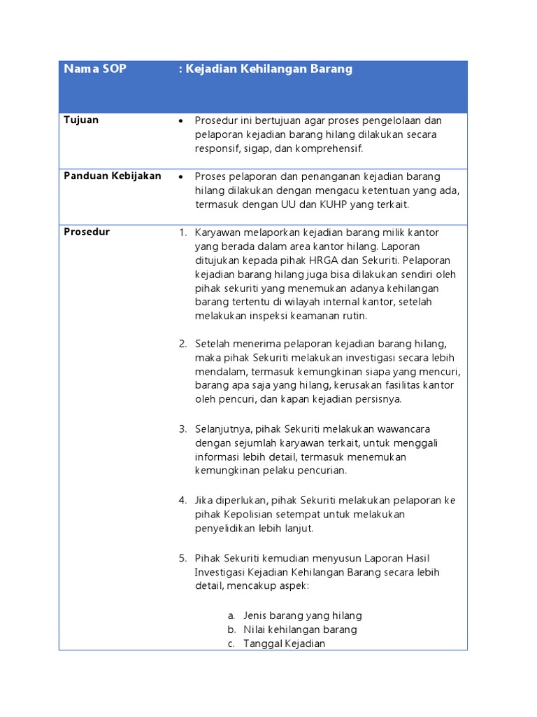 14 Sop Kejadian Kehilangan Barang Pdf