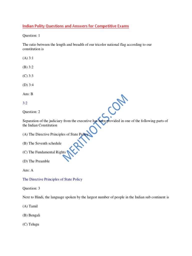 Indian Polity Questions Competitive Exams | PDF