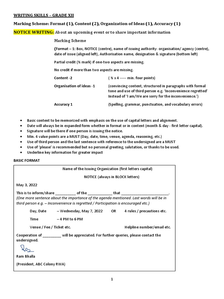 Notice writing about an upcoming event or to share important