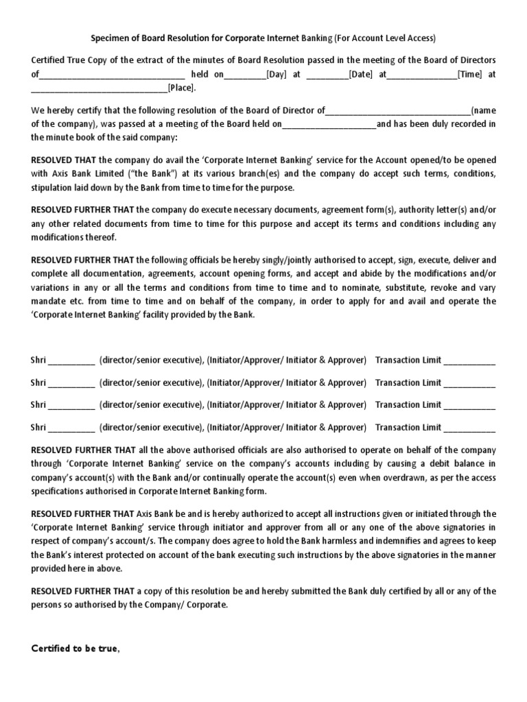 Board Resolution for Corporate Internet Banking | PDF | Banks | Online ...