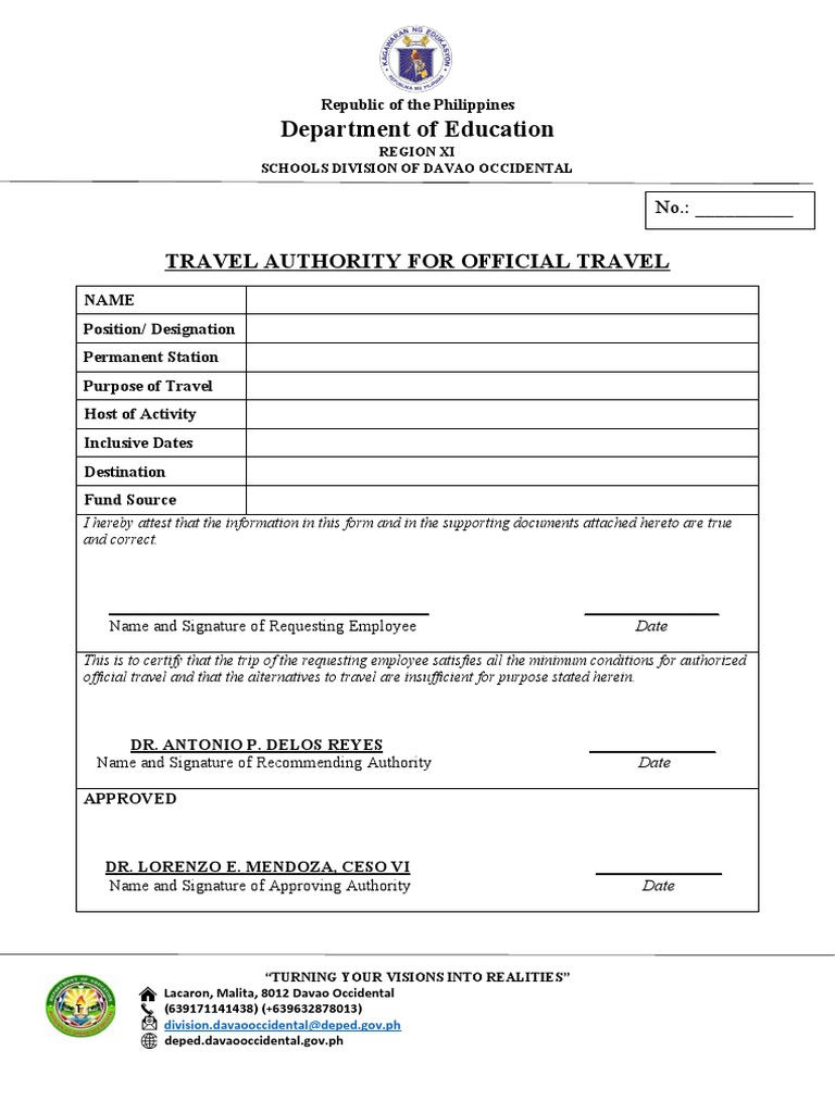 Travel Authority Template PDF