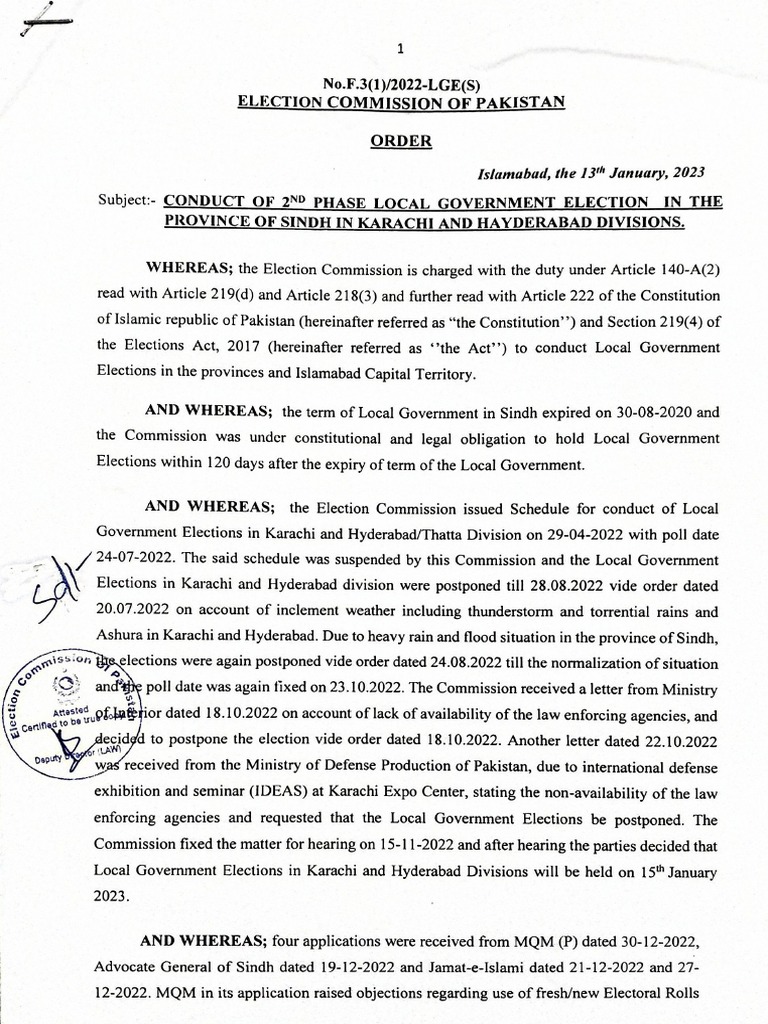 ECP Order On Local Govt Election in Karachi and Hyderabad PDF