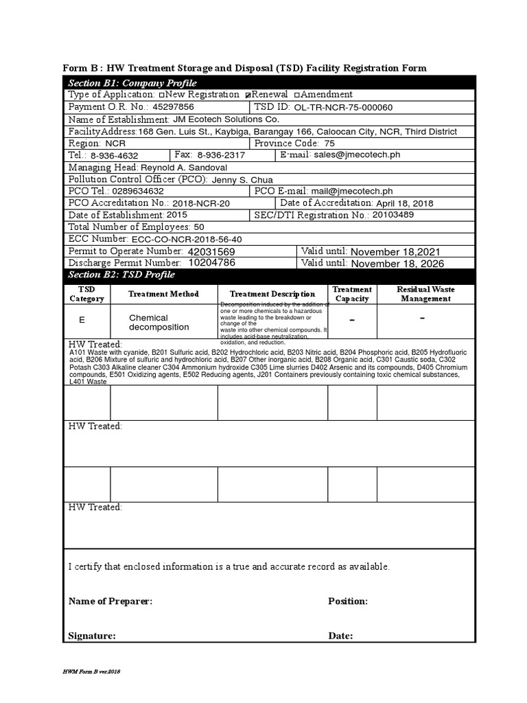 Registration Form for a Hazardous Waste Treatment, Storage and Disposal ...