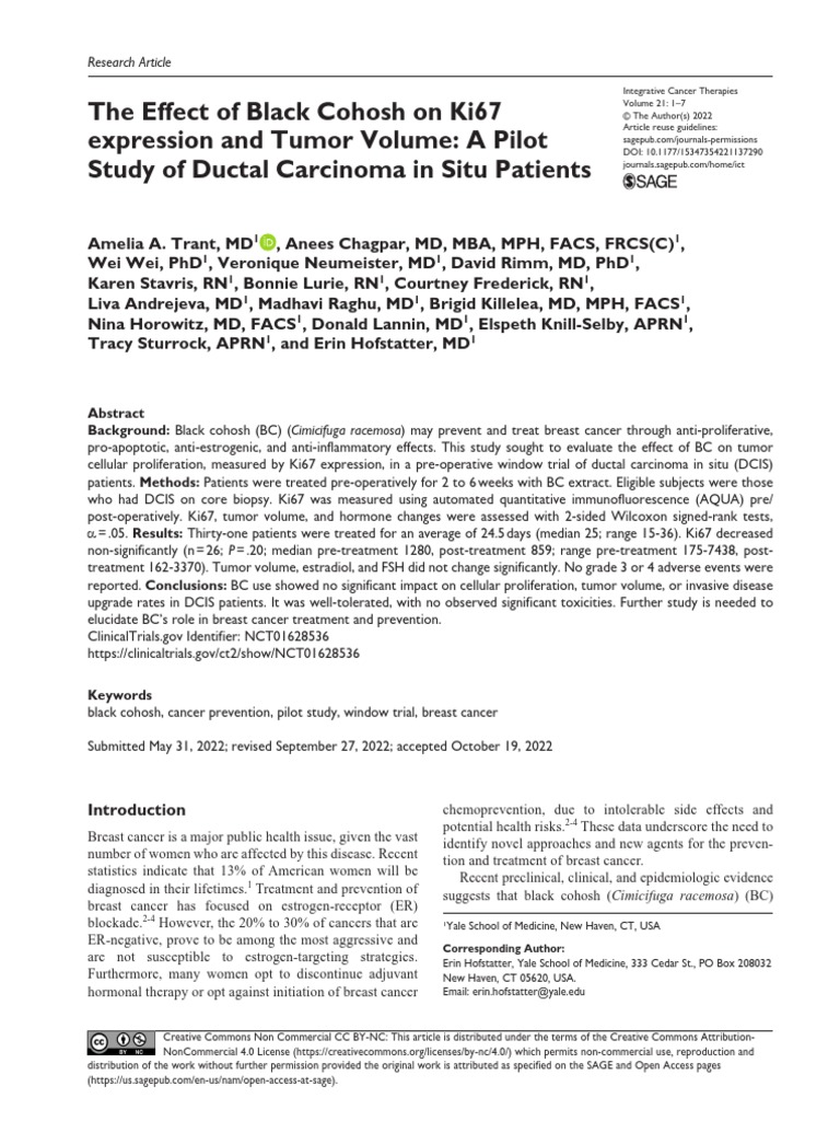 The Effect of Black Cohosh On Ki67 Expression and Tumor Volume A Pilot