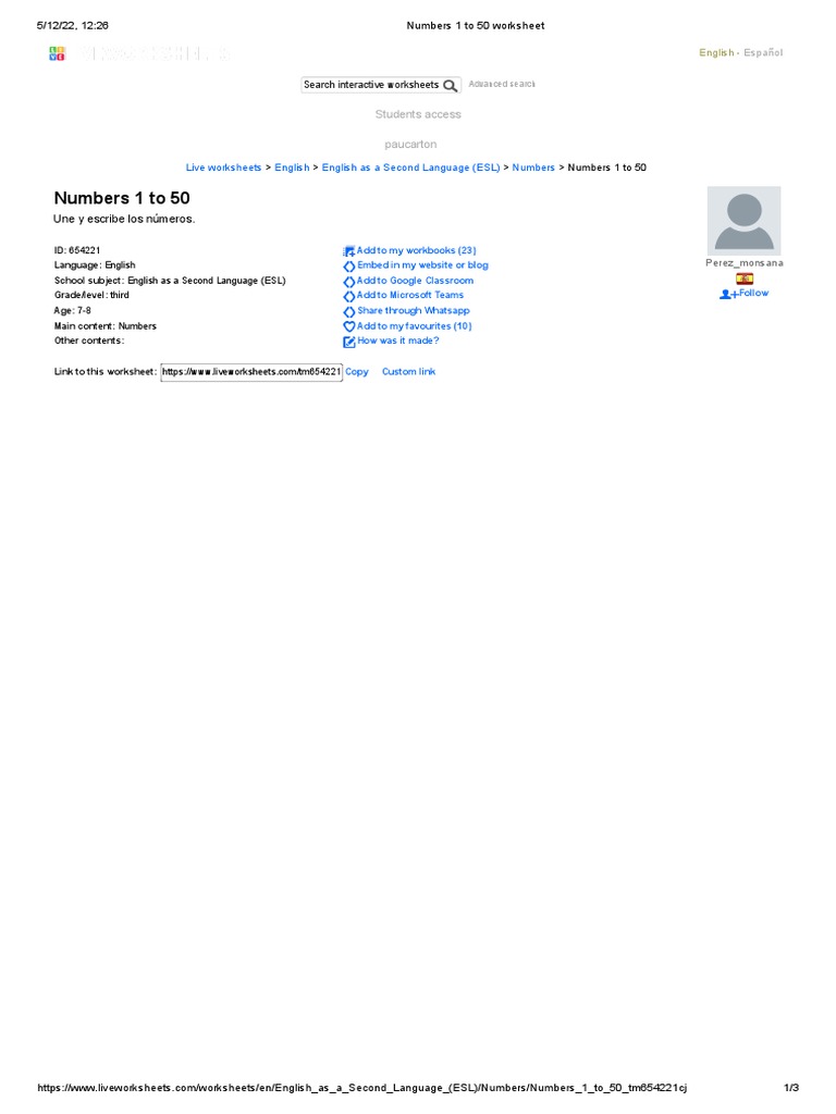 Numbers 1 To 50 Worksheet Download Free PDF English As A Second Or