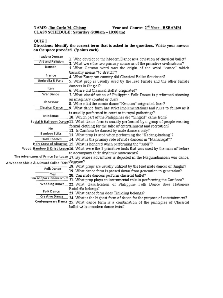 Pe 12 Quizzes Jim Carlo M. Chiong PDF Dances Performing Arts