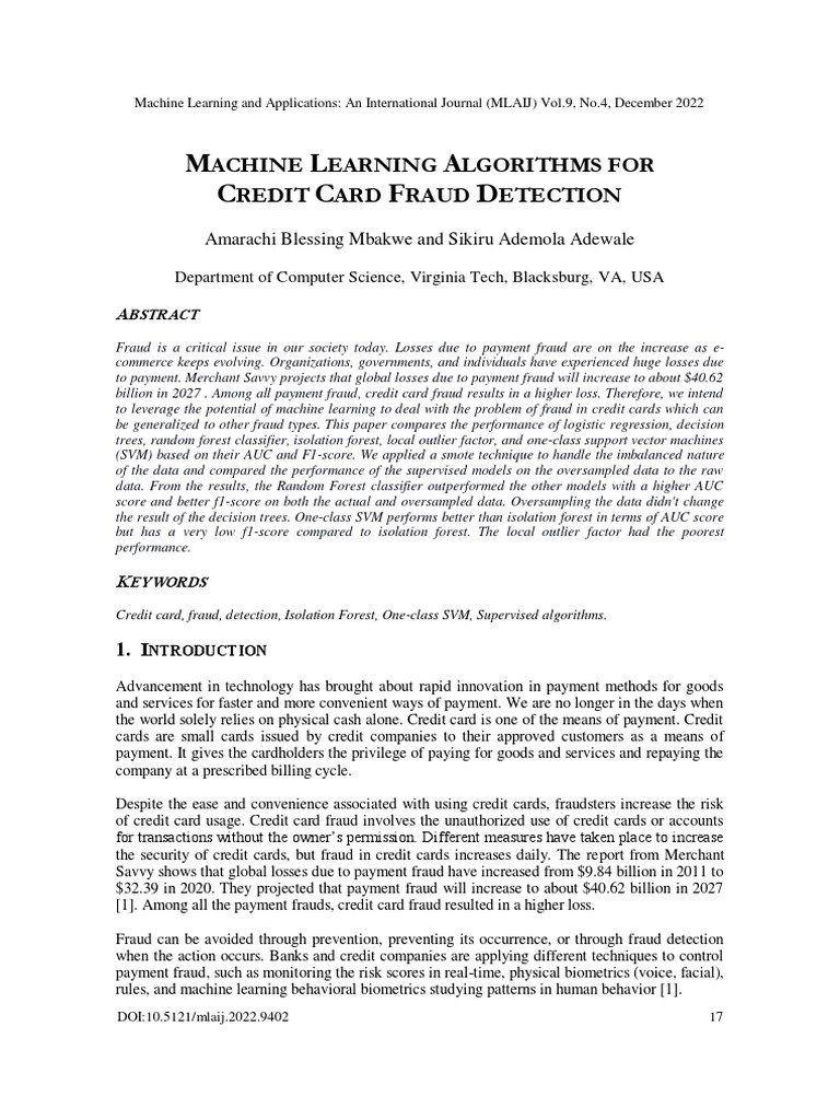 Machine Learning Algorithms For Credit Card Fraud Detection | PDF ...