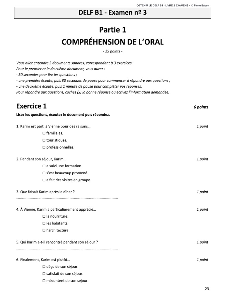 Livre 2 Examens b1 - Ex3 | PDF