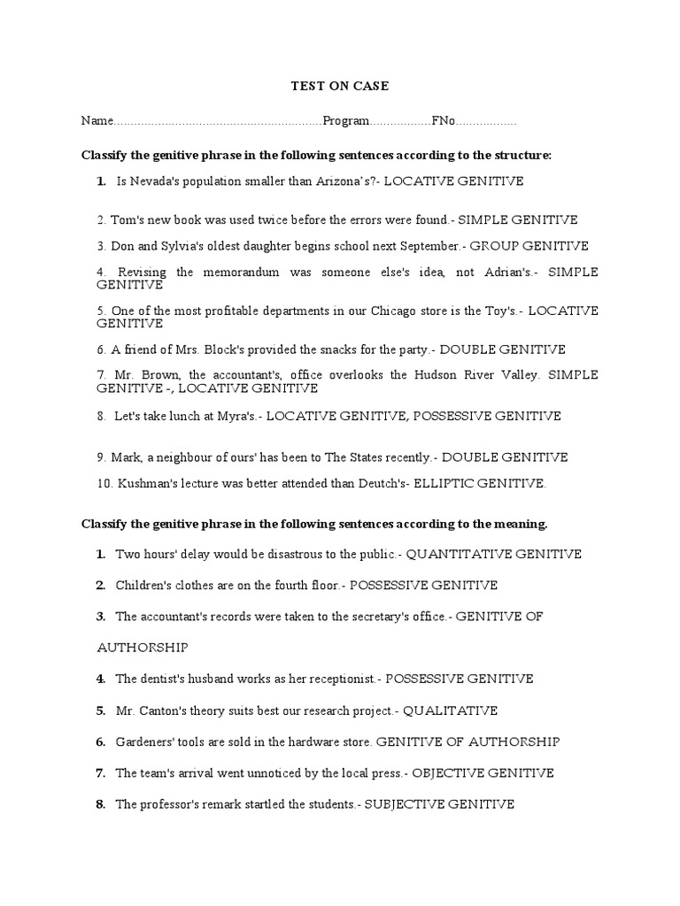 Genitive Phrase Classification Test | PDF