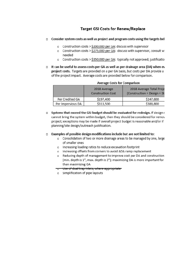 Gsi Concept Preliminary Cost Estimate Template PDF Storm Drain