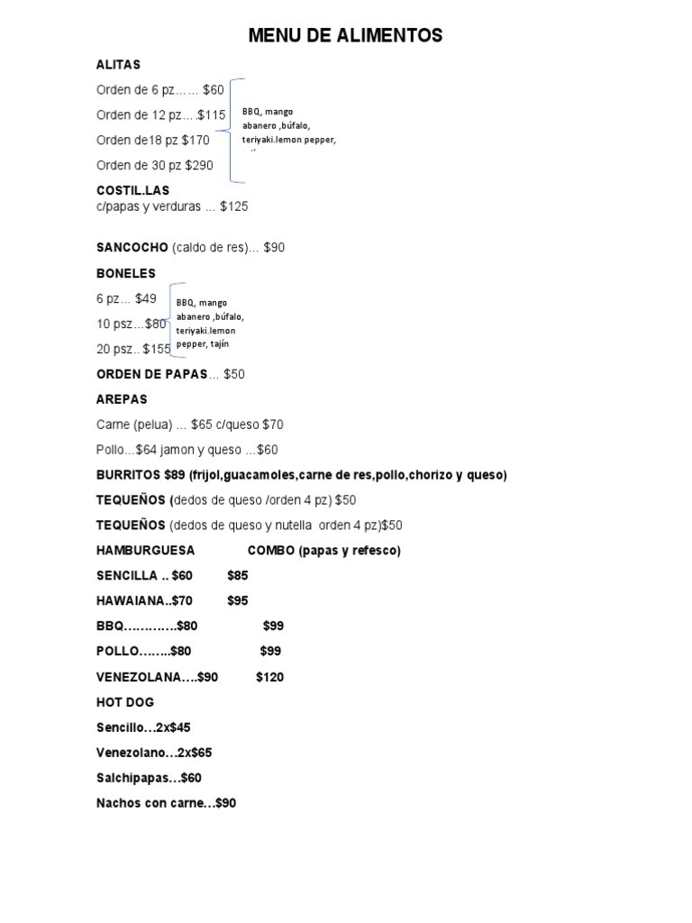 Menu de Alimentos | PDF | Cocina | Alimentos