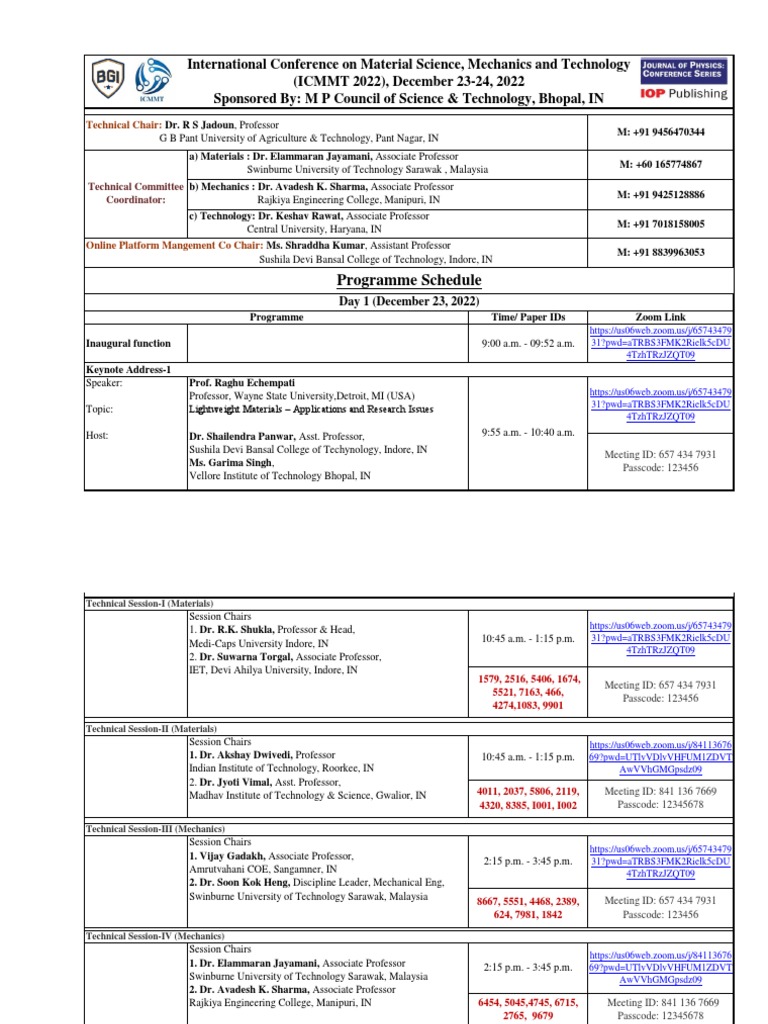 Program Schedule ICMMT 2022 - Final | PDF | Science | Engineering