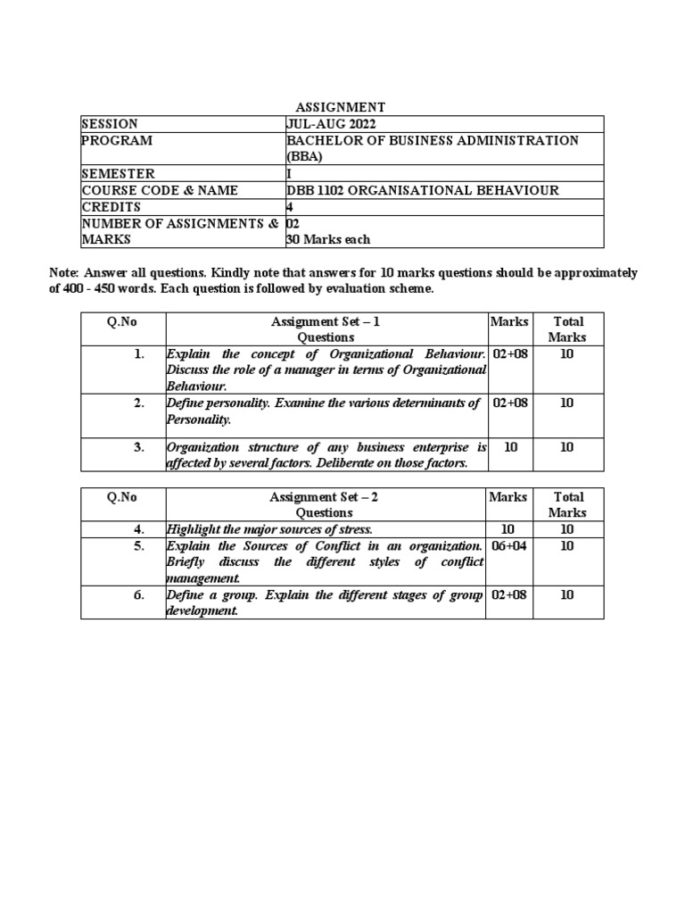 BBA Organizational Behaviour Assignment Guide | PDF
