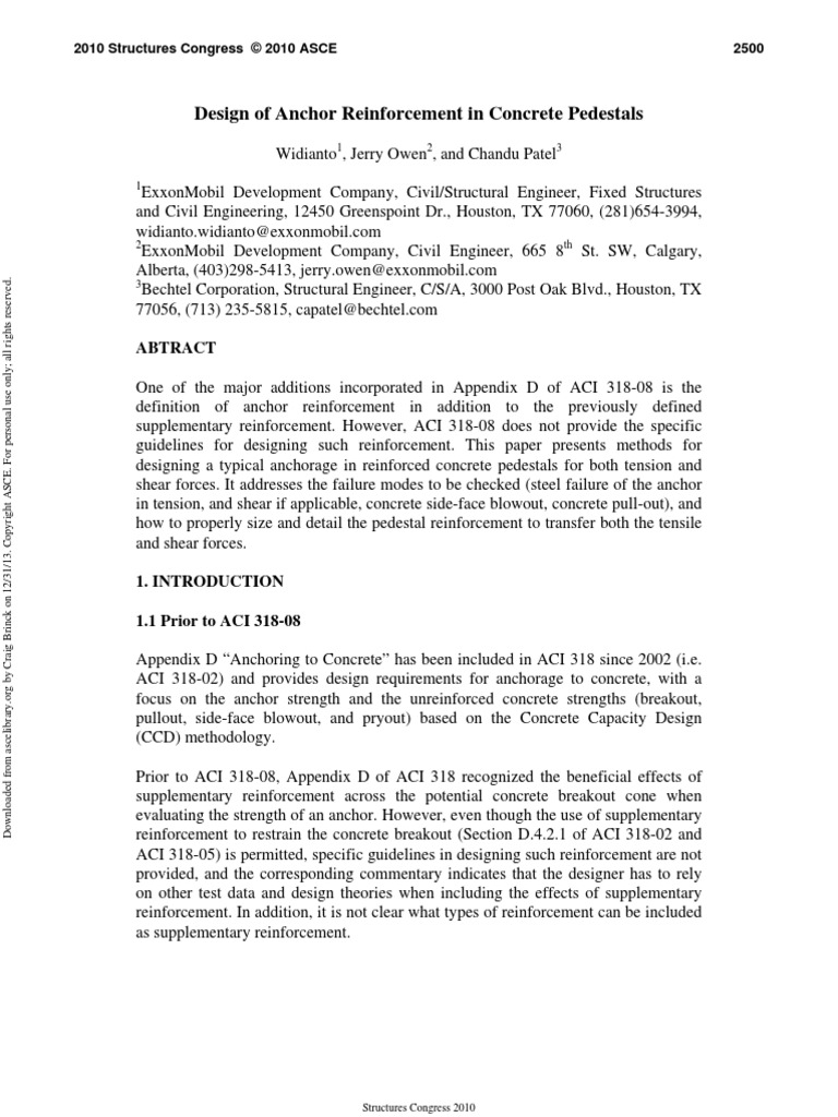 Design of Anchor Reinforcement in Concrete Pedestals (ASCE ACI 31808