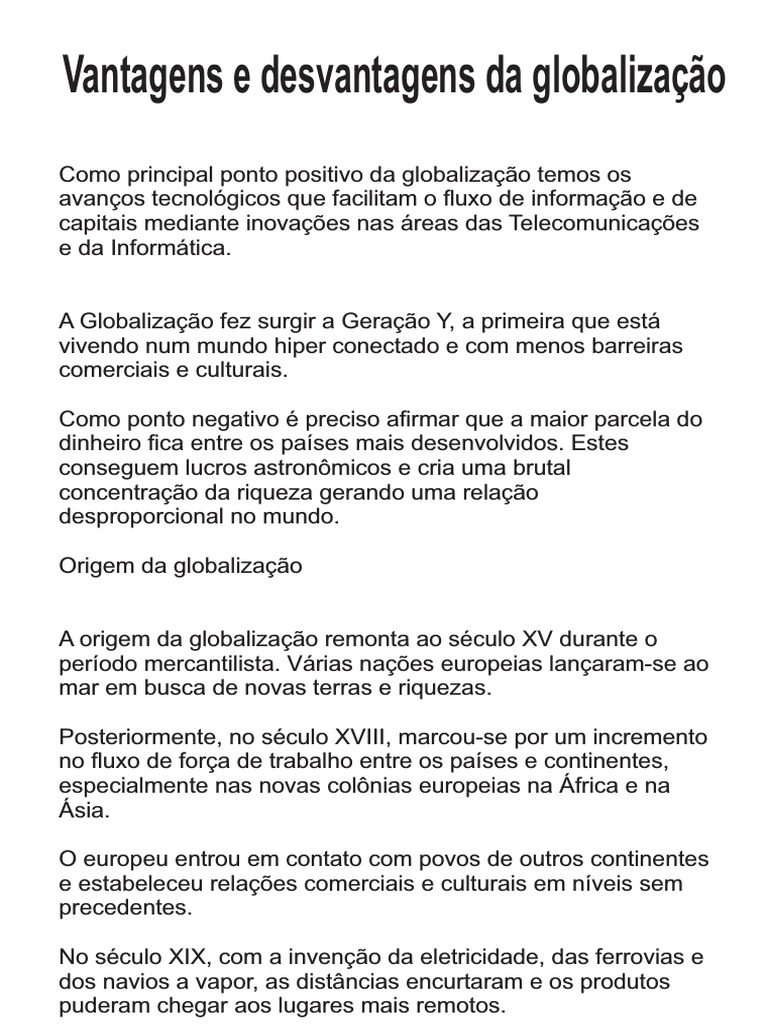 Vantagens, desvantagens e origem da globalização | PDF