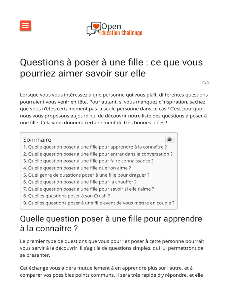 50 Questions à Poser à Une Fille Pour Lancer Et Entretenir La Conversation PDF