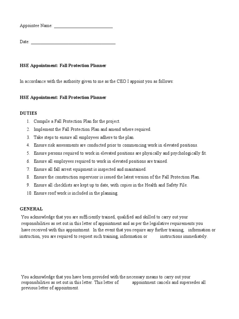 Fall Protection Planner Appointment Letter | PDF