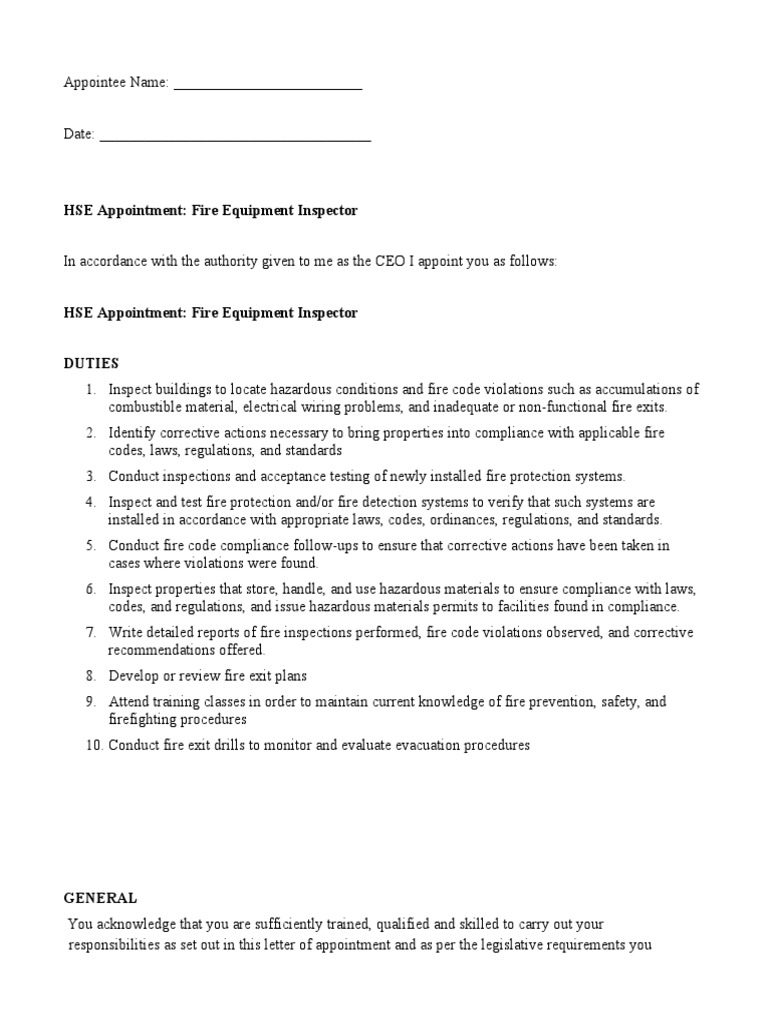 Fire Equipment Inspector Appointment Letter | PDF