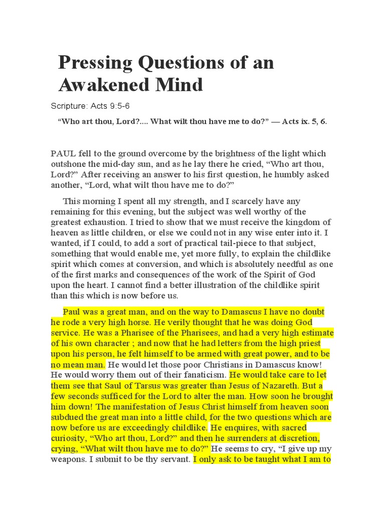 Acts 9 5 Pressing Questions of An Awakened Mind Charles Spurgeon