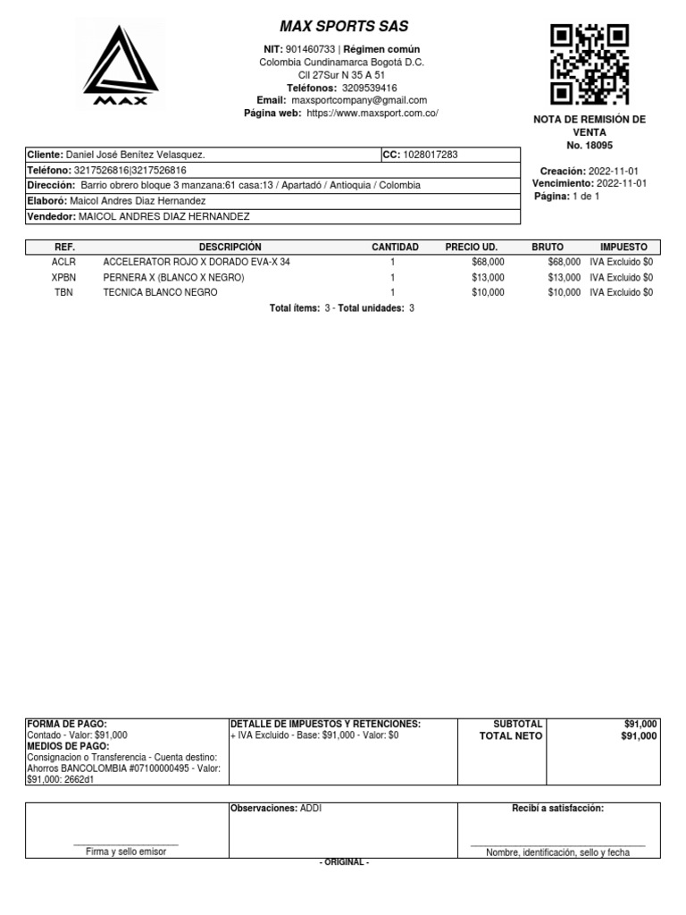 Nota de Remisión de Venta - Max Sports SAS | PDF | Pagos | Impuestos