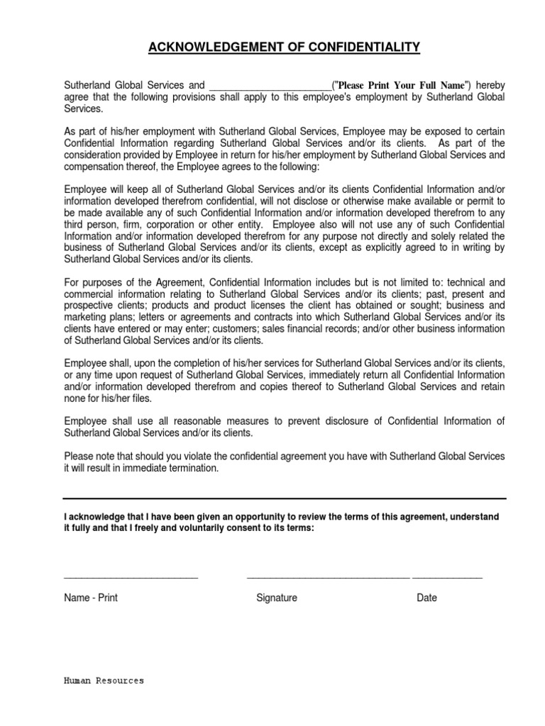 JamAcknowledgement of Confidentiality PDF Employment Confidentiality