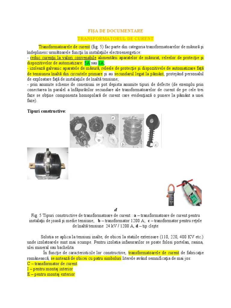 FIŞA DE DOCUMENTARE Transformatorul de Curent | PDF