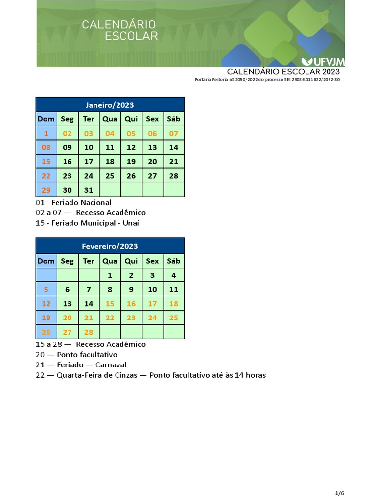Calendário Escolar 2023 UFVJM PDF