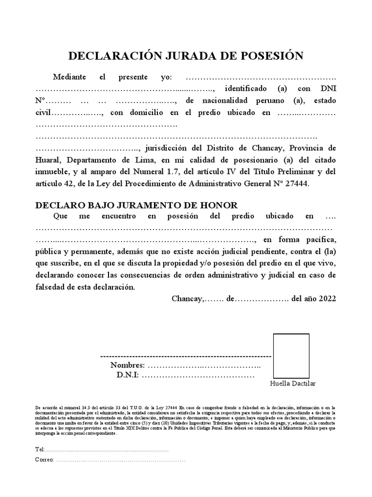 Modelo de Declaración Jurada de Posesión | PDF | Ley común | Ley Pública