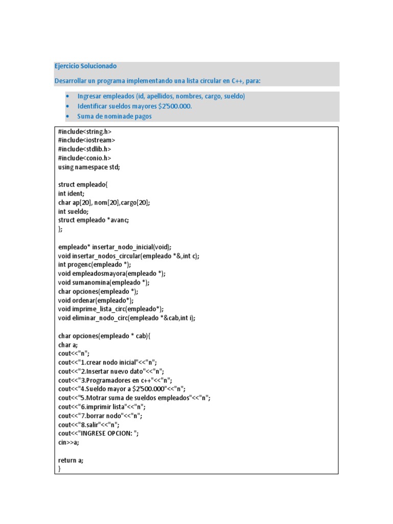 Programa C++: Lista Circular de Empleados | PDF | C ++ | Gestión de ...