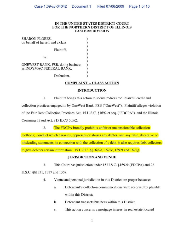 FDCPA Class Action Against OneWest | PDF | One West Bank | Lawsuit