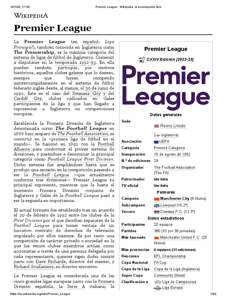 Premier League - Wikipedia, La Enciclopedia Libre | PDF | Liga Premier