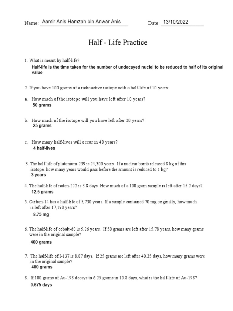 Half Life Worksheet - Problems and Graphing | PDF