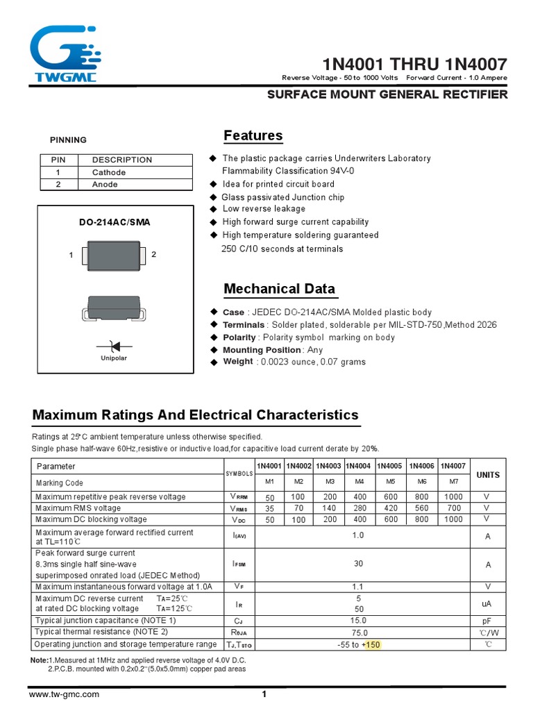 Surface Mount General Rectifier Datasheet Key Specifications and