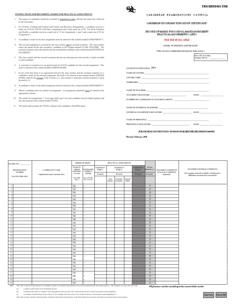 Csec foodnuthealth sbarecordofmarks fillable feb2021 pdf teachers