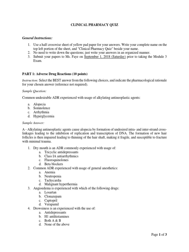 Clinical Pharmacy Quiz PDF Pharmaceutical Sciences Medicine