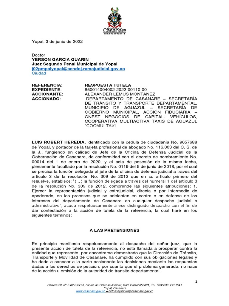 Respuesta a Tutela 850014004002-2022 | PDF | Justicia | Crimen y violencia
