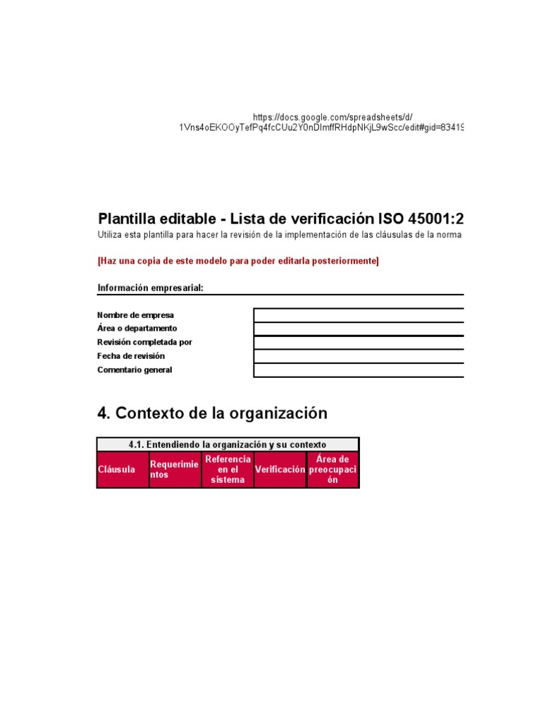 Plantilla Editable Lista de Verificación ISO 45001 2018 | PDF
