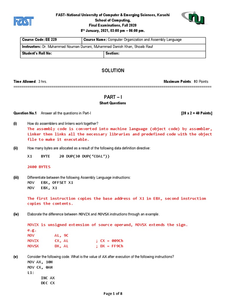 Computer Organization & Assembly Exam 2020 | PDF | Assembly Language ...