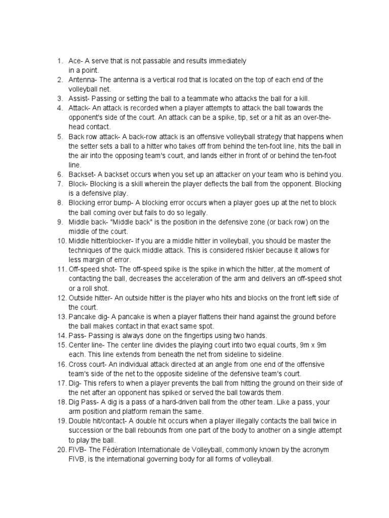 Terminologies In Volleyball Pdf