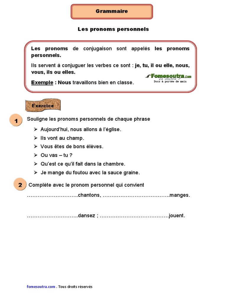 Exercices sur les pronoms personnels CE1 | PDF