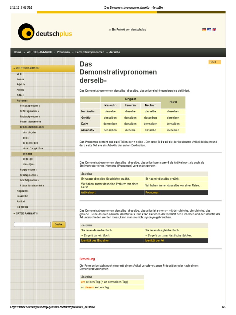 Das Demonstrativpronomen Derselb - Derselbe | PDF