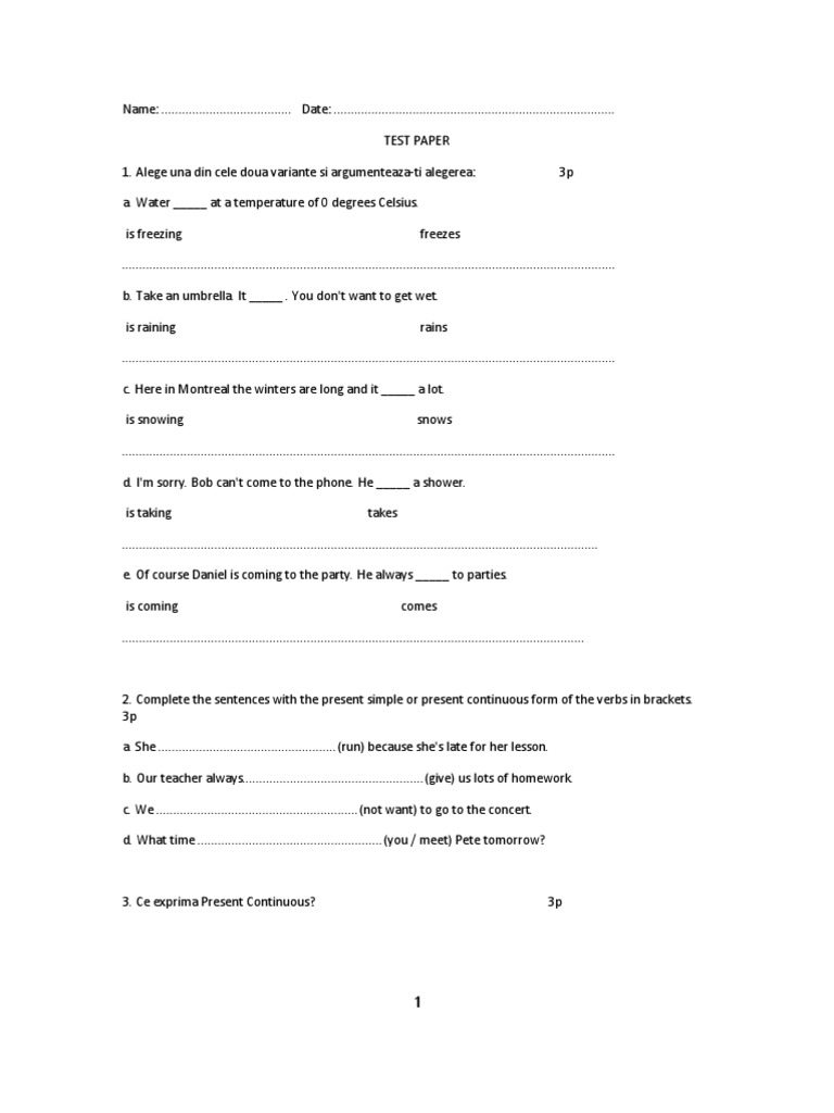 Present Simple Or Continuous Test Paper 1 Pdf Linguistics Grammar