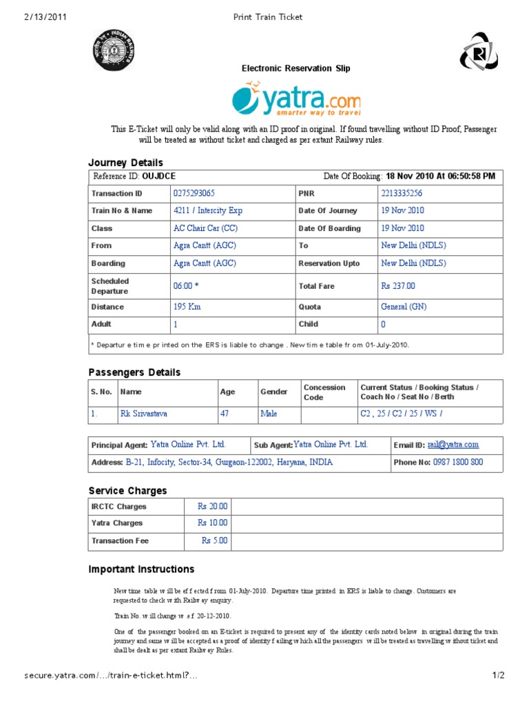 Print Train Ticket PDF Identity Document Service Industries