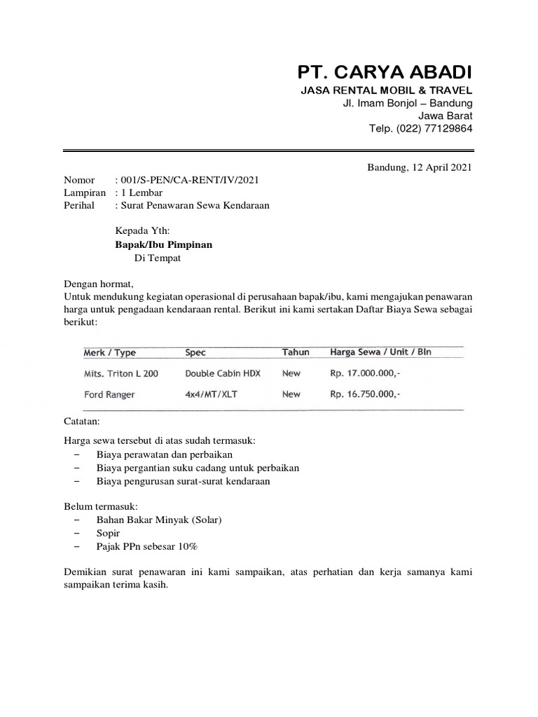 Surat Penawaran Rental Mobil | PDF
