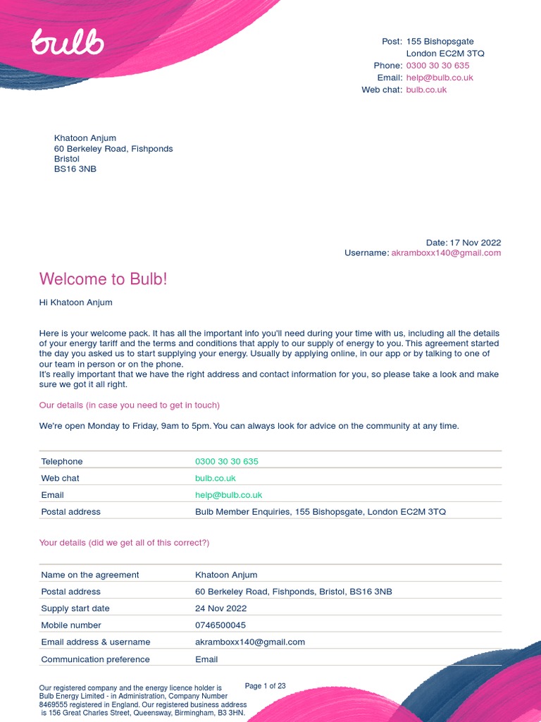 Your Bulb Energy Pack and Supply Agreement PDF Credit Card